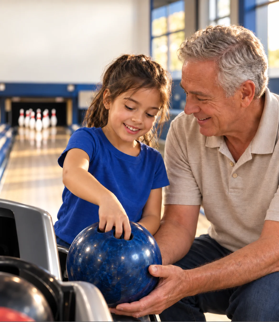 A young girl and her grandfather holding a bowling ball together at a lane